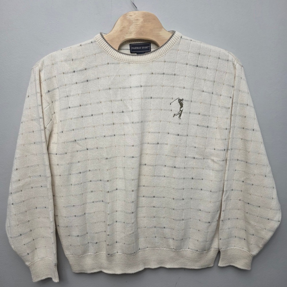 Fairway Sport Sweater Mens XL Cream Golf Embroidered Cotton Knit USA Vintage 90s